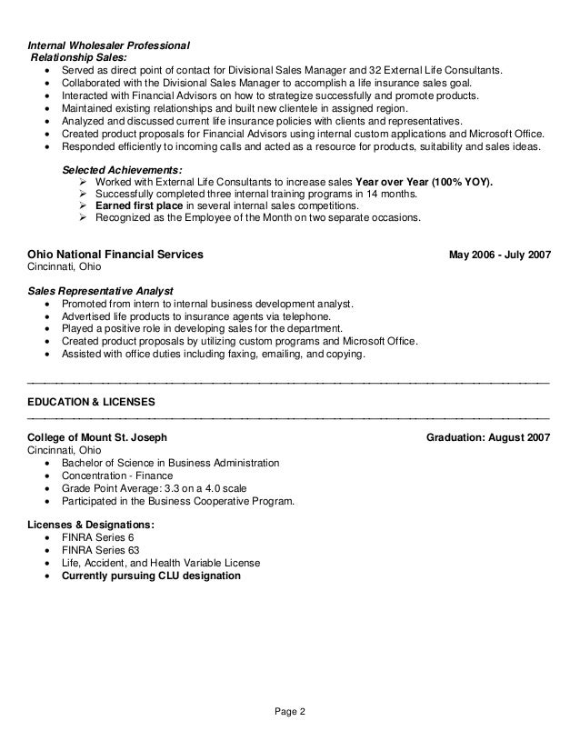 Internal Wholesaler Resume Page 1; 2. Internal Wholesaler Professional Relationship ...