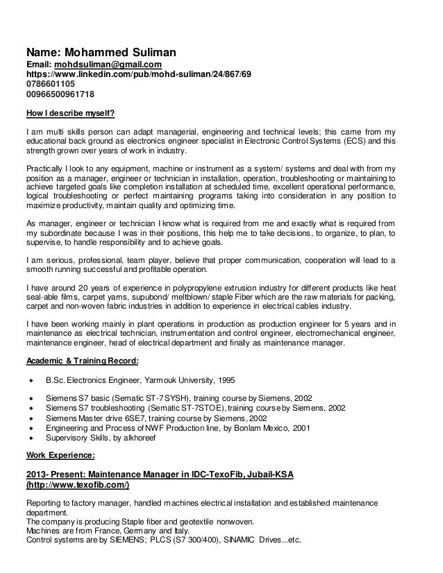 sample of maintenance resume