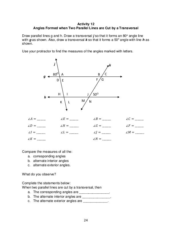 Angles Formed By Parallel Lines And Transversals Worksheet