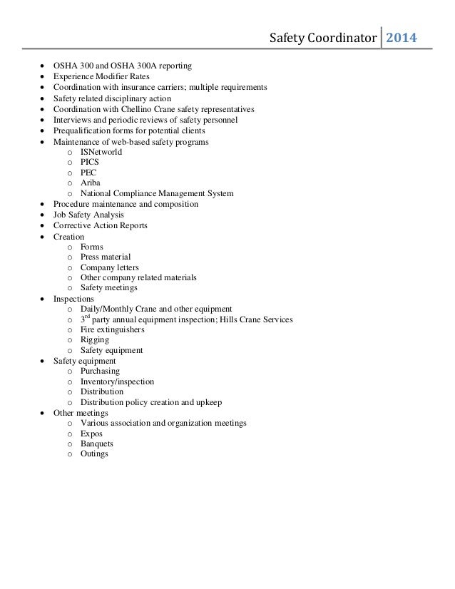 Safety Coordinator Job Description Safety Coordinator Job Description
