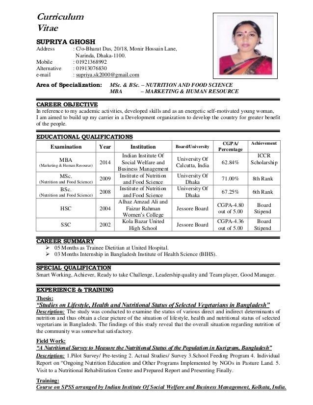 Resume For Internship Ngo NGO. Curriculum Vitae SUPRIYA GHOSH Address : C/o-Bharat Das, ...