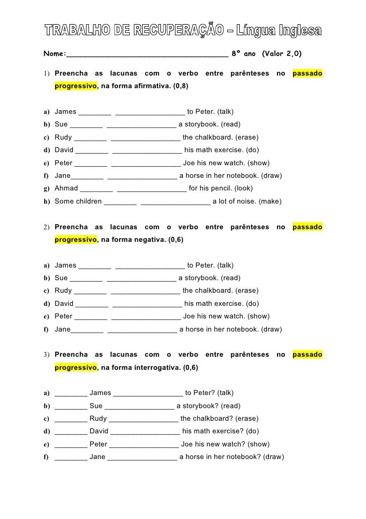 Exercicios Past Continuous 8 Ano Com Gabarito
