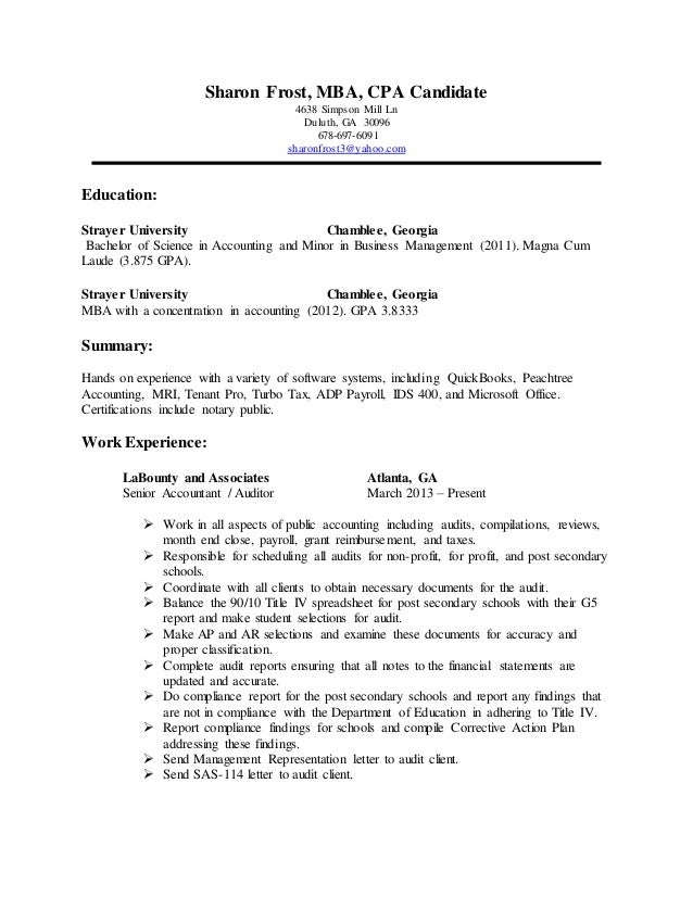 Sharon Frost, MBA, CPA Candidate 4638 Simpson Mill Ln Duluth, ... Cpa Mba Resume Cpa Mba Resume Sharon Frost, MBA, CPA Candidate 4638 Simpson Mill Ln Duluth, ...