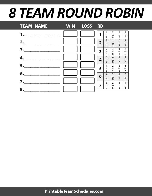 8 team round robin schedule 7 team league schedule template