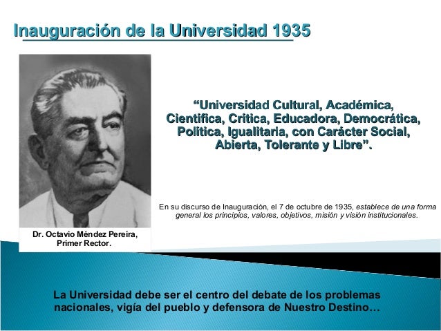 Inauguración de la Universidad 1935Inauguración de la Universidad 1935
Dr. Octavio Méndez Pereira,
Primer Rector.
En su di...