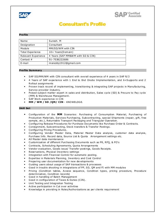 Sap sd certified consultant resume
