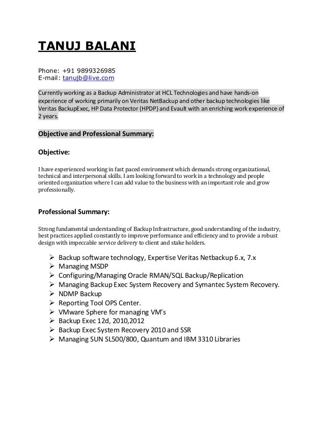 Netbackup Administrator Sle Resume resume tanuj netbackup admin Netbackup Administrator Sle Resume resume tanuj netbackup admin