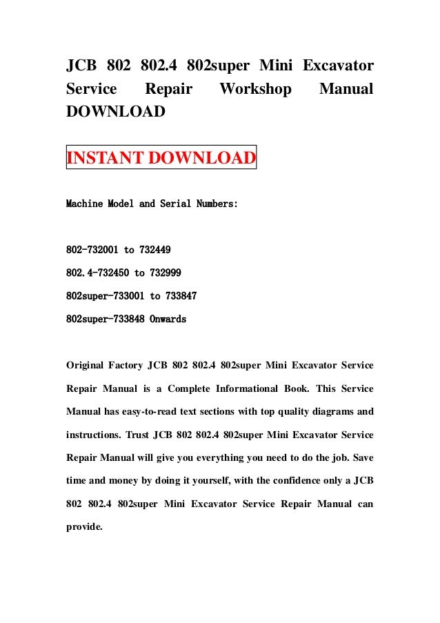 Jcb 803 Excavator Service Manual