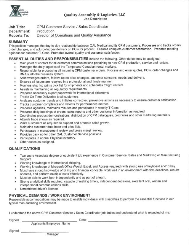 CPM Customer Service Sales Coordinator Job Description
