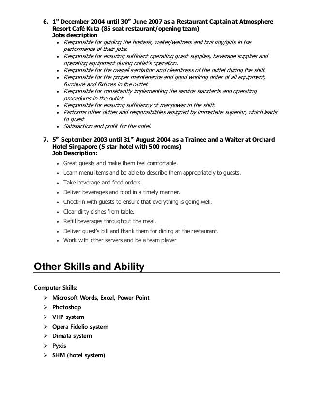 waitress job description resumes