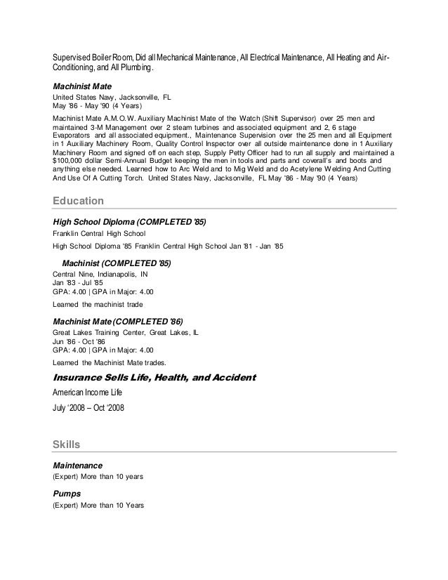 machinist sample resumes