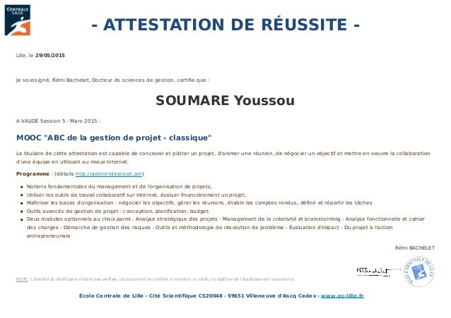 certificat MOOC GESTION DE PROJET
