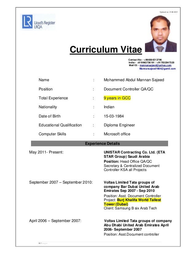 Good Cv Document Controller Updated on: 15-04-2015 1  P a g e Curriculum Vitae Contact No ...
