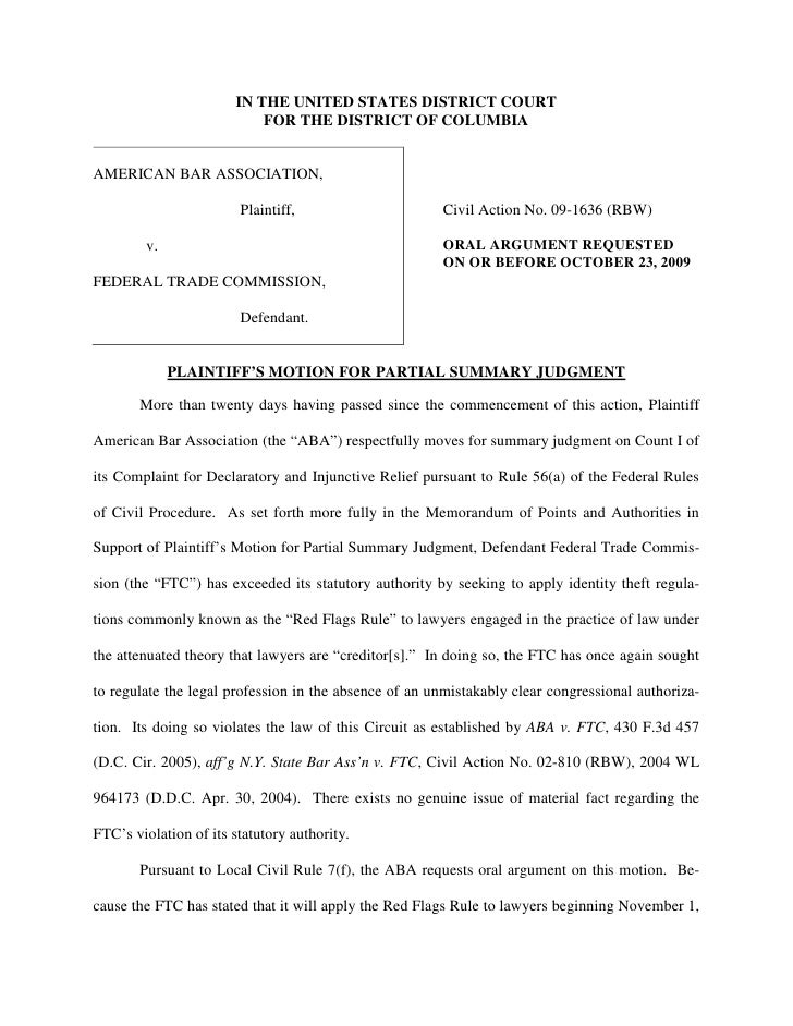 Ab As Motion For Partial Summary Judgment Aba V. Ftc