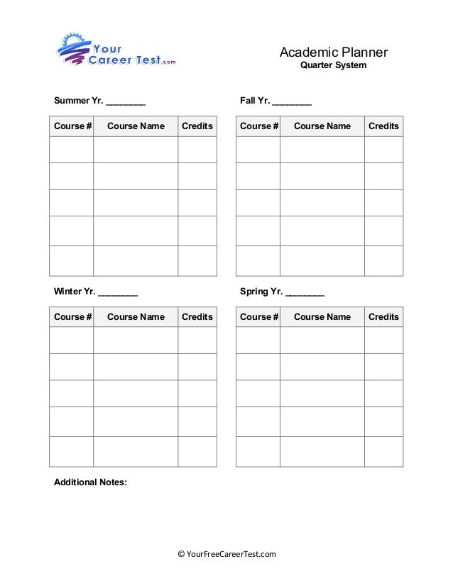 Student Academic Planner - Quarter-based Worksheet