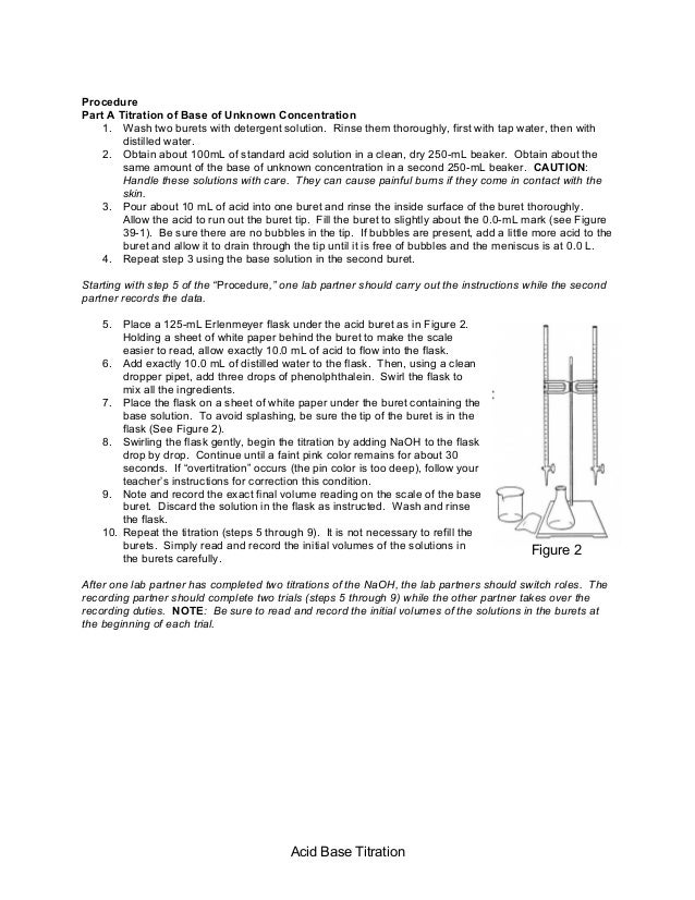 acid base titration experiment Whereas, figure 5 shows the titration of a weak acid (acetic) against strong base (naoh) at this equivalence point, the solution contains their salt (sodium acetate) which is a basic salt the ph of which is 7 , 886 in this case. acid base titration experiment Whereas, figure 5 shows the titration of a weak acid (acetic) against strong base (naoh) at this equivalence point, the solution contains their salt (sodium acetate) which is a basic salt the ph of which is 7 , 886 in this case.