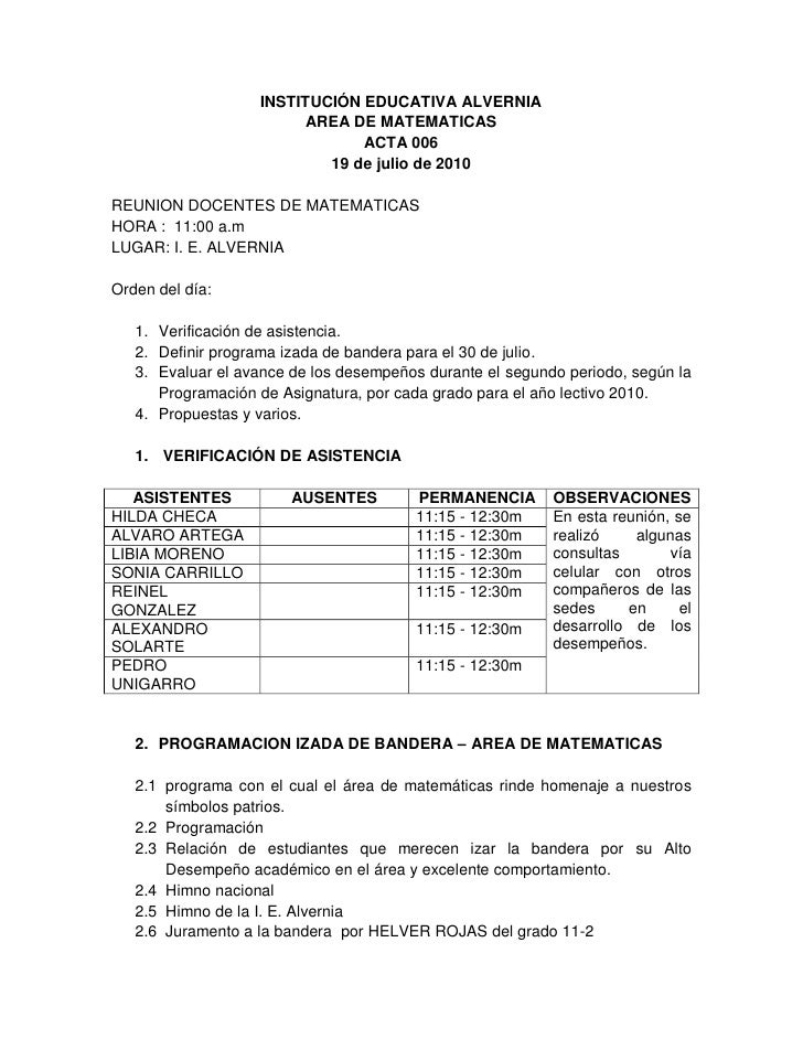 acta 006 reunion area de matematicas 19 julio 2010 actas de reunion