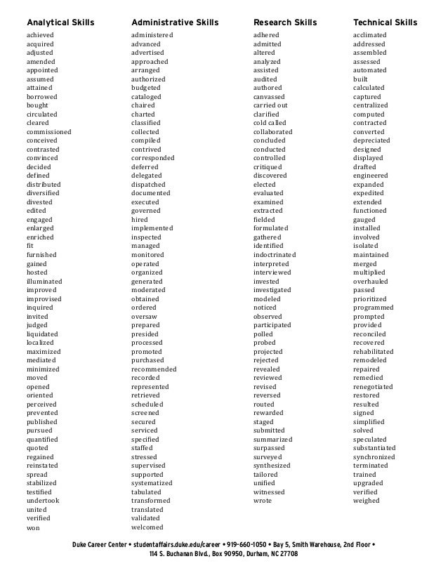 resume action word list