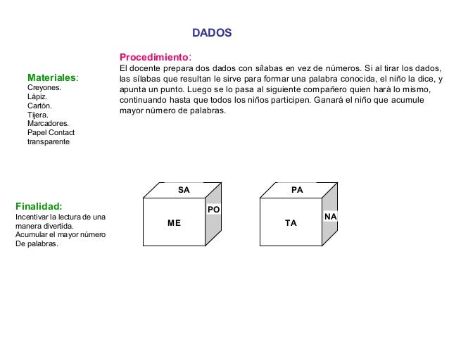DADOS
Materiales:
Creyones.
Lápiz.
Cartón.
Tijera.
Marcadores.
Papel Contact
transparente
Procedimiento:
El docente prepar...