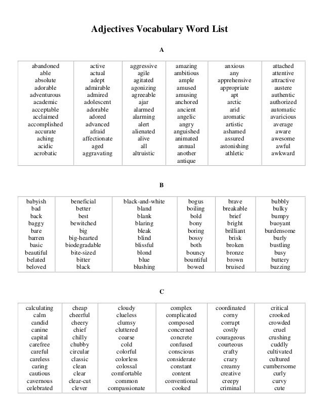 Adjectives vocabulary word list