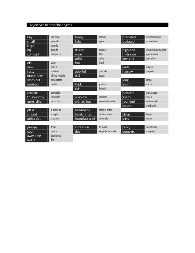 Adjectives to describe objects