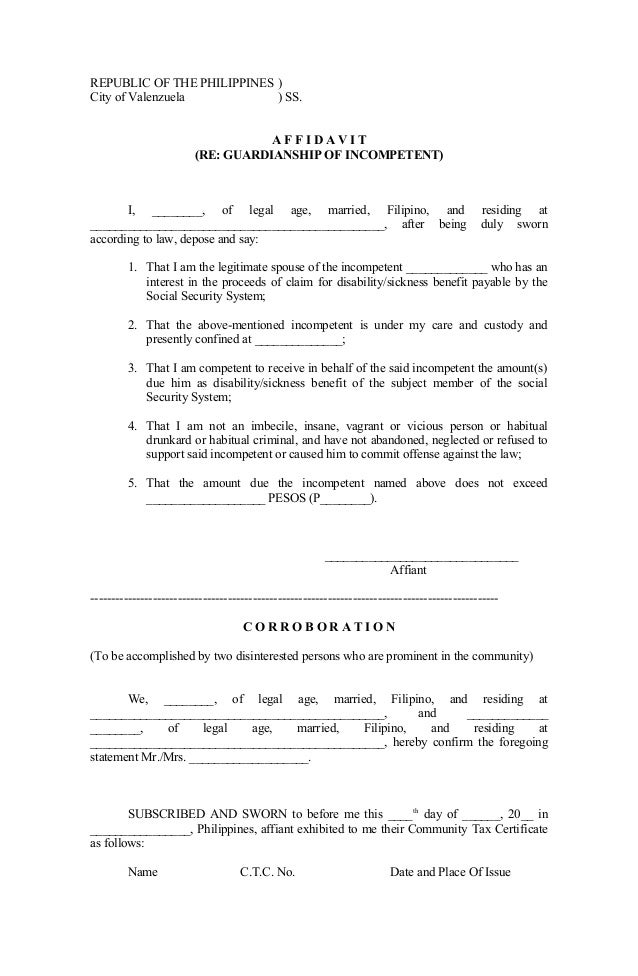 affidavit guardianship of incompetent custody agreement samples
