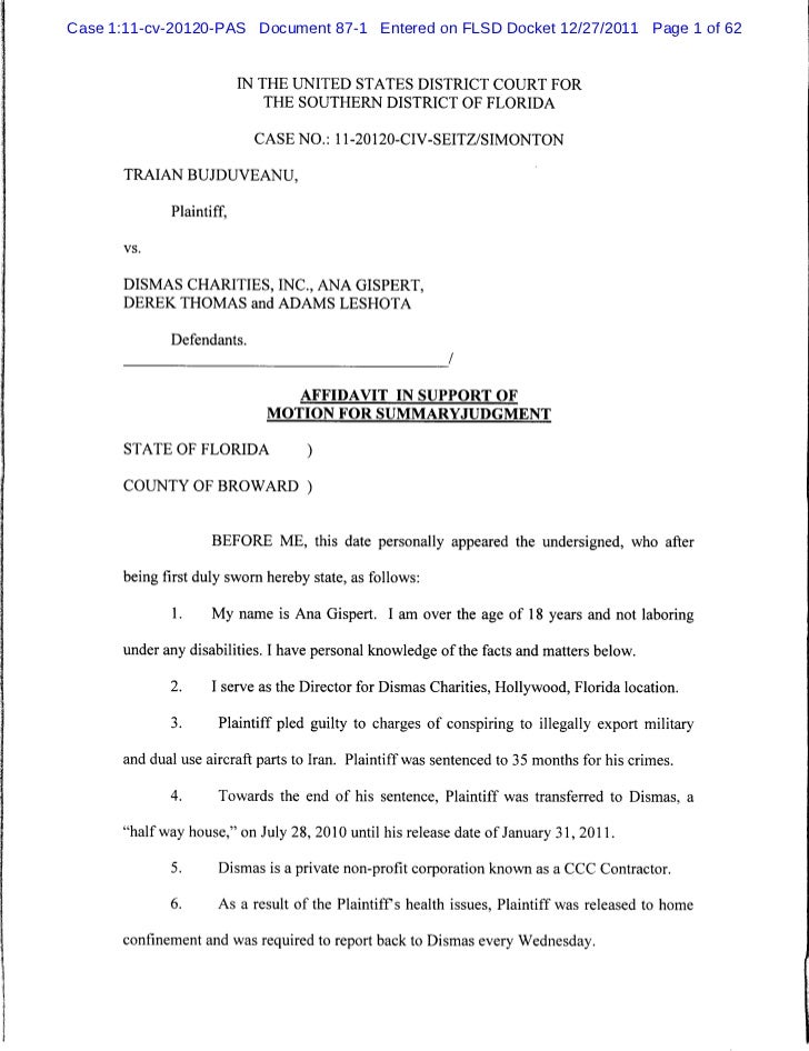 Affidavit in support of motion for summary judgment