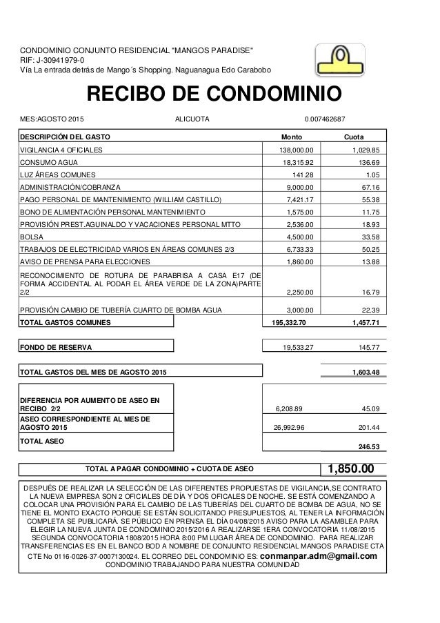Recibo Condominio Agosto 2015