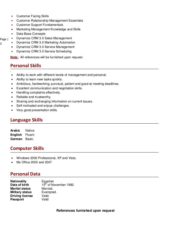 curriculum vitae example language skills
