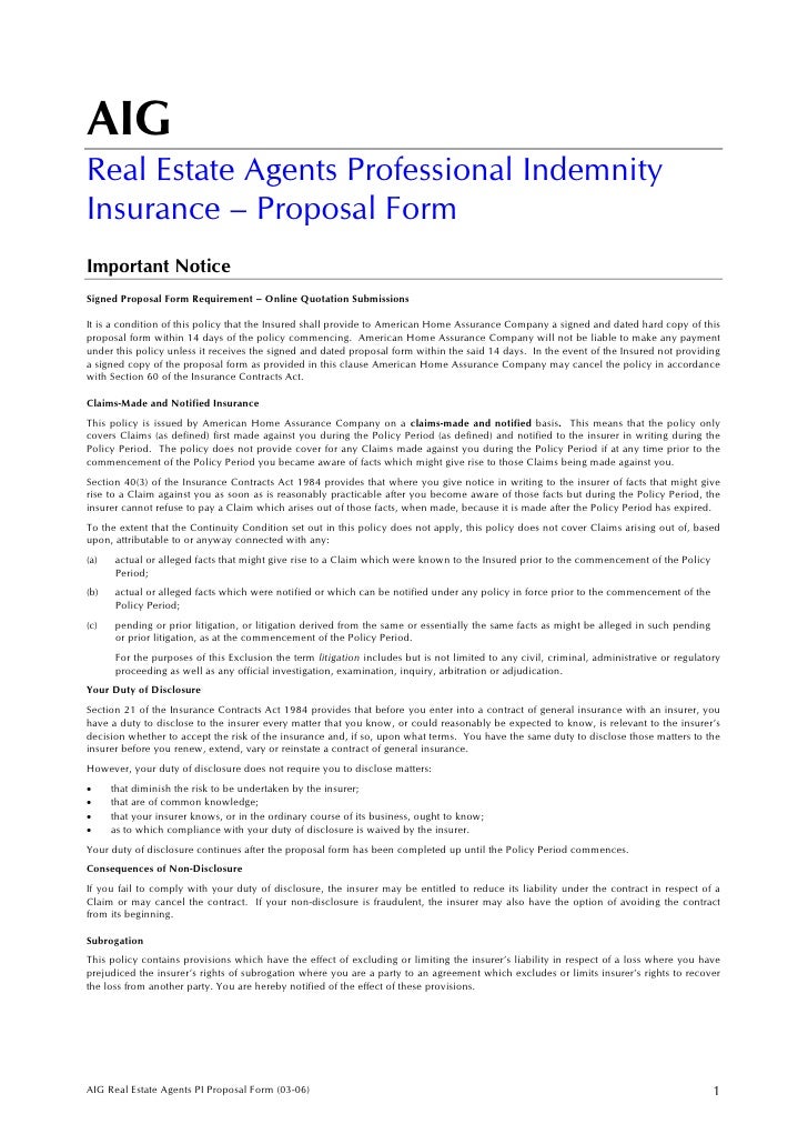 Aig Real Estate Agents Professional Indemnity Insurance Proposal Formâ€¦