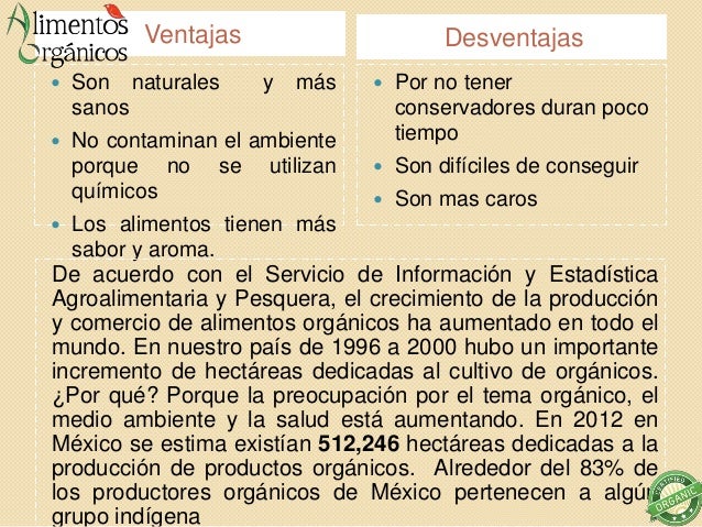 Ventajas Desventajas  Son naturales y más sanos  No contaminan el ambiente porque no se utilizan químicos  Los alimento...
