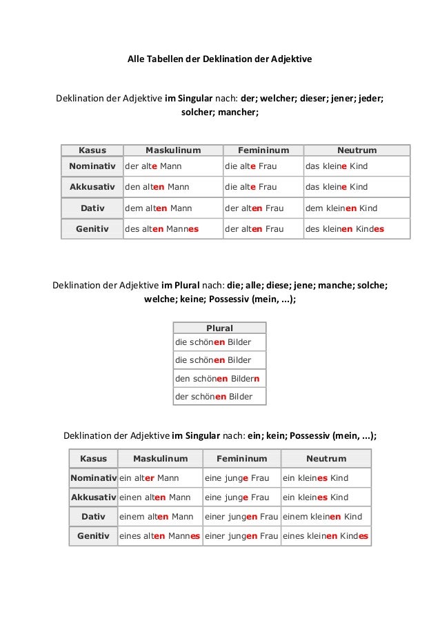übungen Zur Deklination Der Adjektive Alle tabellen der deklination der adjektive