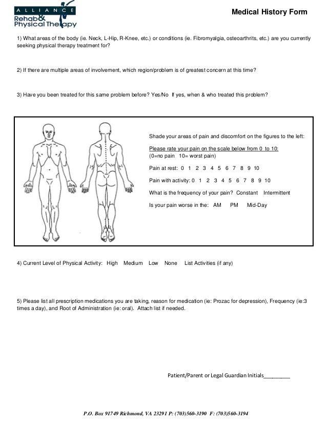 Alliance Rehab  Physical Therapy Medical History