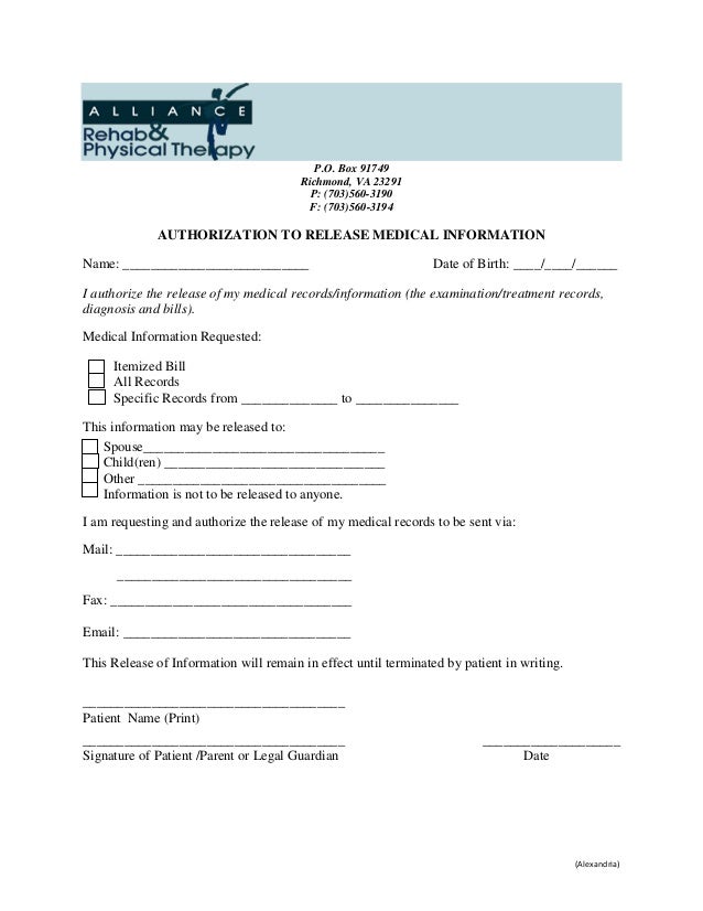 Alliance Rehab  Physical Therapy Release Form