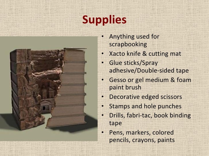 Supplies <ul><li>Anything used for scrapbooking </li></ul><ul><li>Xacto knife & cutting mat </li></ul><ul><li>Glue sticks/...