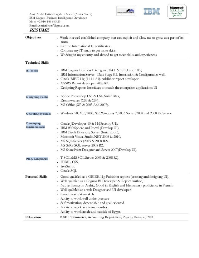 ibm cognos resume sle amir sherif resume ibm cognos resume sle amir sherif resume
