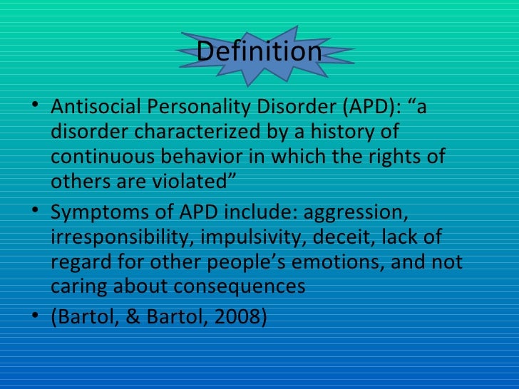 antisocial personality disorder essay Are you looking for professional help on how to write an impeccable essay on antisocial personality disorder look no further, simply read the sample below. antisocial personality disorder essay Are you looking for professional help on how to write an impeccable essay on antisocial personality disorder look no further, simply read the sample below.