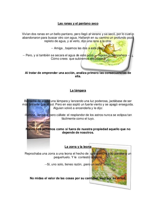 Las ranas y el pantano secoVivían dos ranas en un bello pantano, pero llegó el verano y se secó, por lo cual loabandonaron...