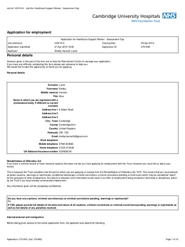 Application for employmentApplication for Healthcare Support Worker ...