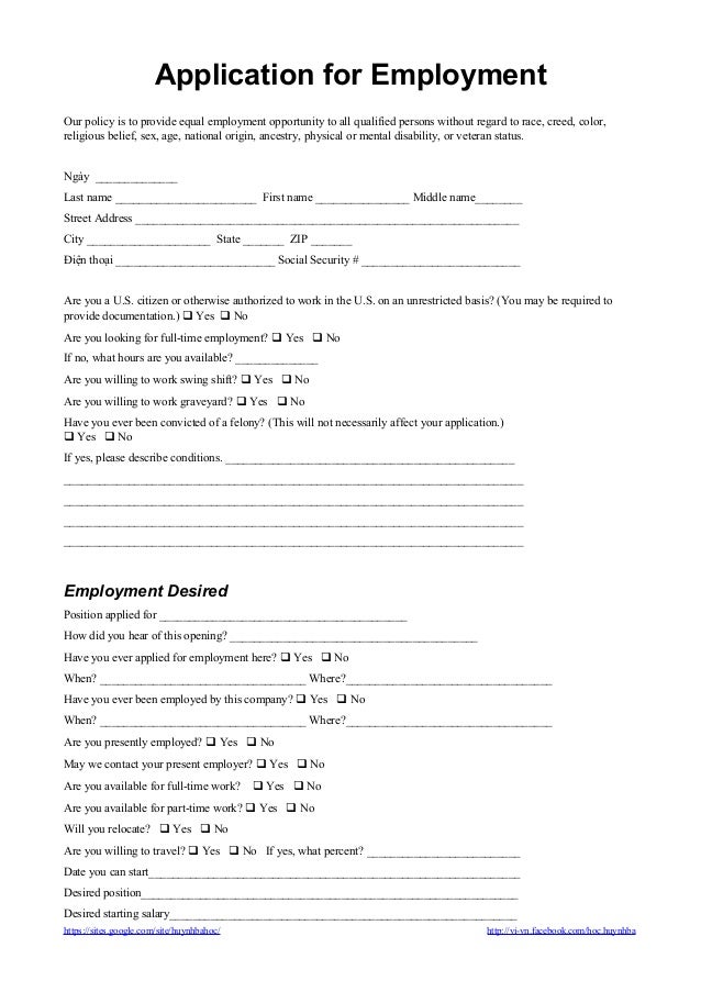 Application form for employment (Ä‘Æ¡n xin viá»‡c tiáº¿ng anh)