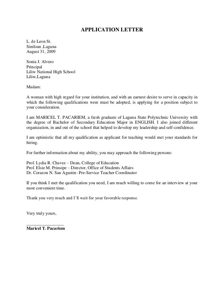 APPLICATION LETTER L. de Leon St. Siniloan ,Laguna August 31, 2009 ...