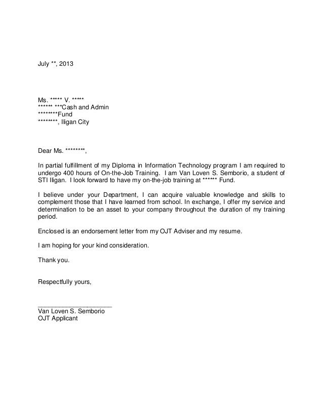 Application Letter Applying Ojt