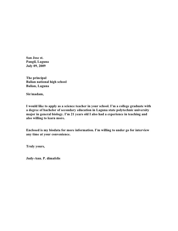 Simple job application letter for teacher