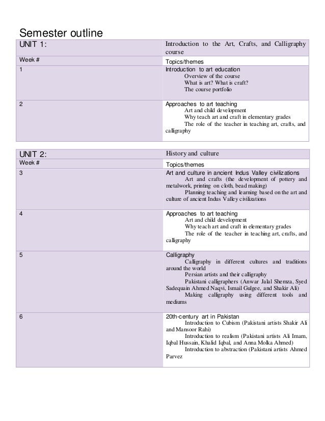 Art, craft &amp; calligraphy semester outline
