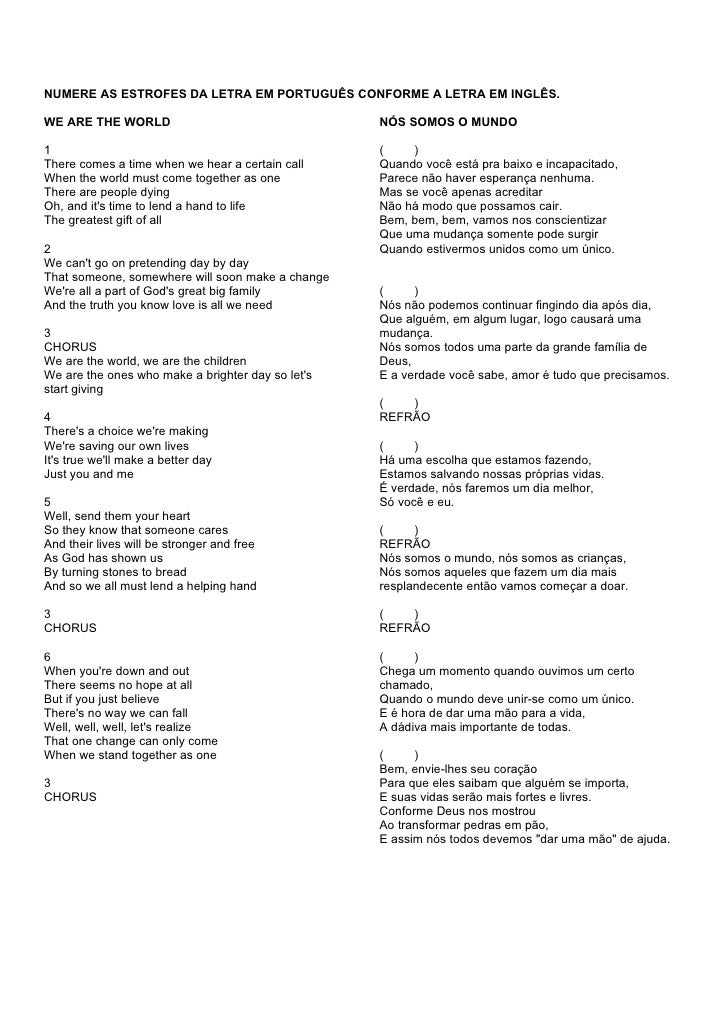 Atividade com a letra da música we are the world Atividade com a letra da música we are the world