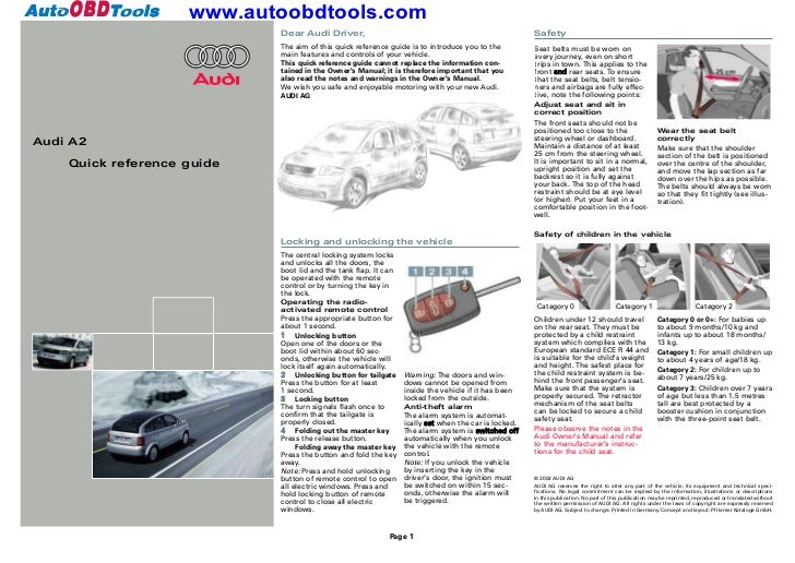 Audi a2 quick reference guide diagram user manual