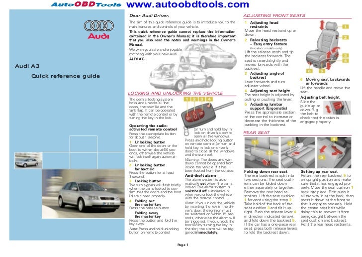 Audi A3 Quick Reference Guide Diagram User Manual