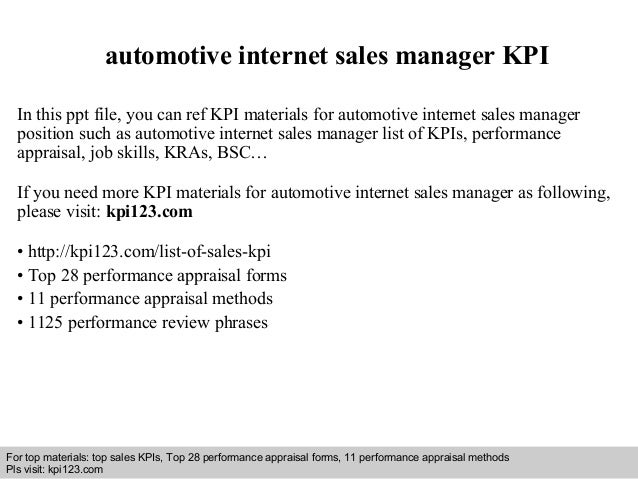 Internet Sales Manager automotive internet sales manager KPI In this ppt file, you can ref KPI materials for ...