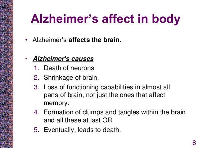 how alzheimers disease affects the brain Alzheimer's disease is caused by parts of the brain shrinking (atrophy), which affects the structure and function of particular brain areas. how alzheimers disease affects the brain Alzheimer's disease is caused by parts of the brain shrinking (atrophy), which affects the structure and function of particular brain areas.