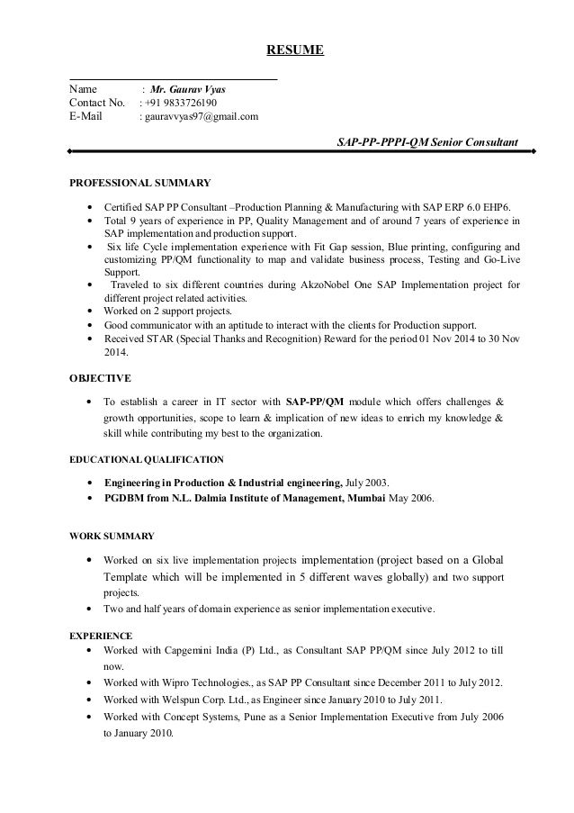 sample sap bw resume